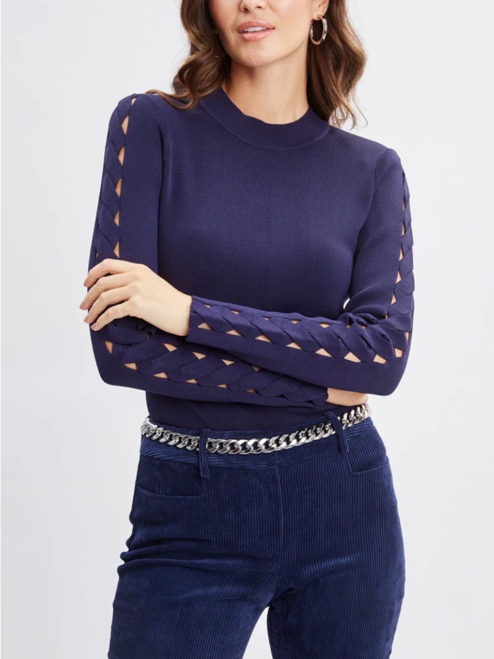 Tahari Navy Lattice-Sleeve Knit Top